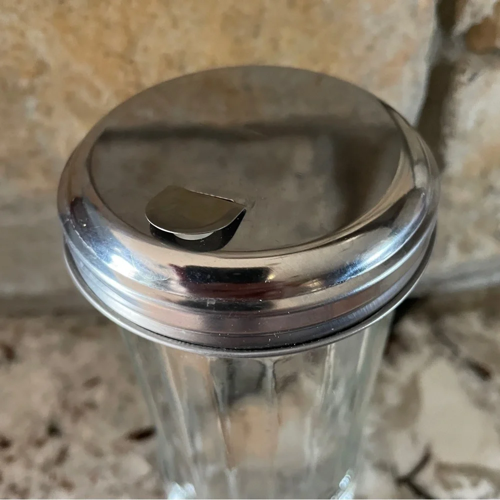 Vtg Ribbed Glass Sugar Shaker Dispenser Metal Flip Lid - Diner/Restaurant Style